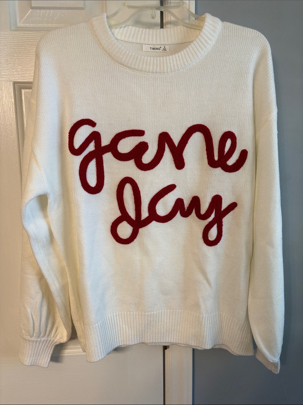 White Crewneck ‘Game Day’ Sweater with Red Script Logo -